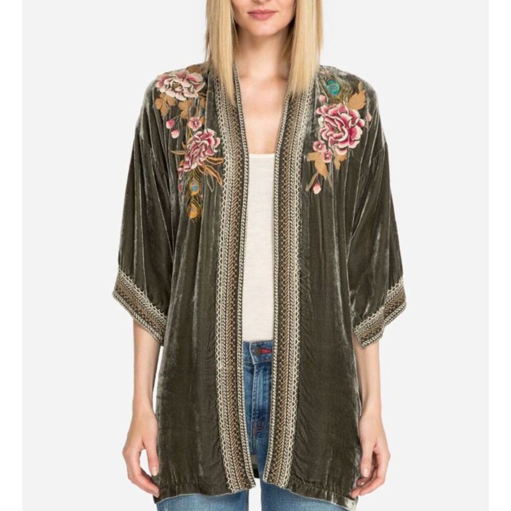 Johnny Was Quito Velvet Kimono Cardigan Embroidered Peacock Floral LARGE